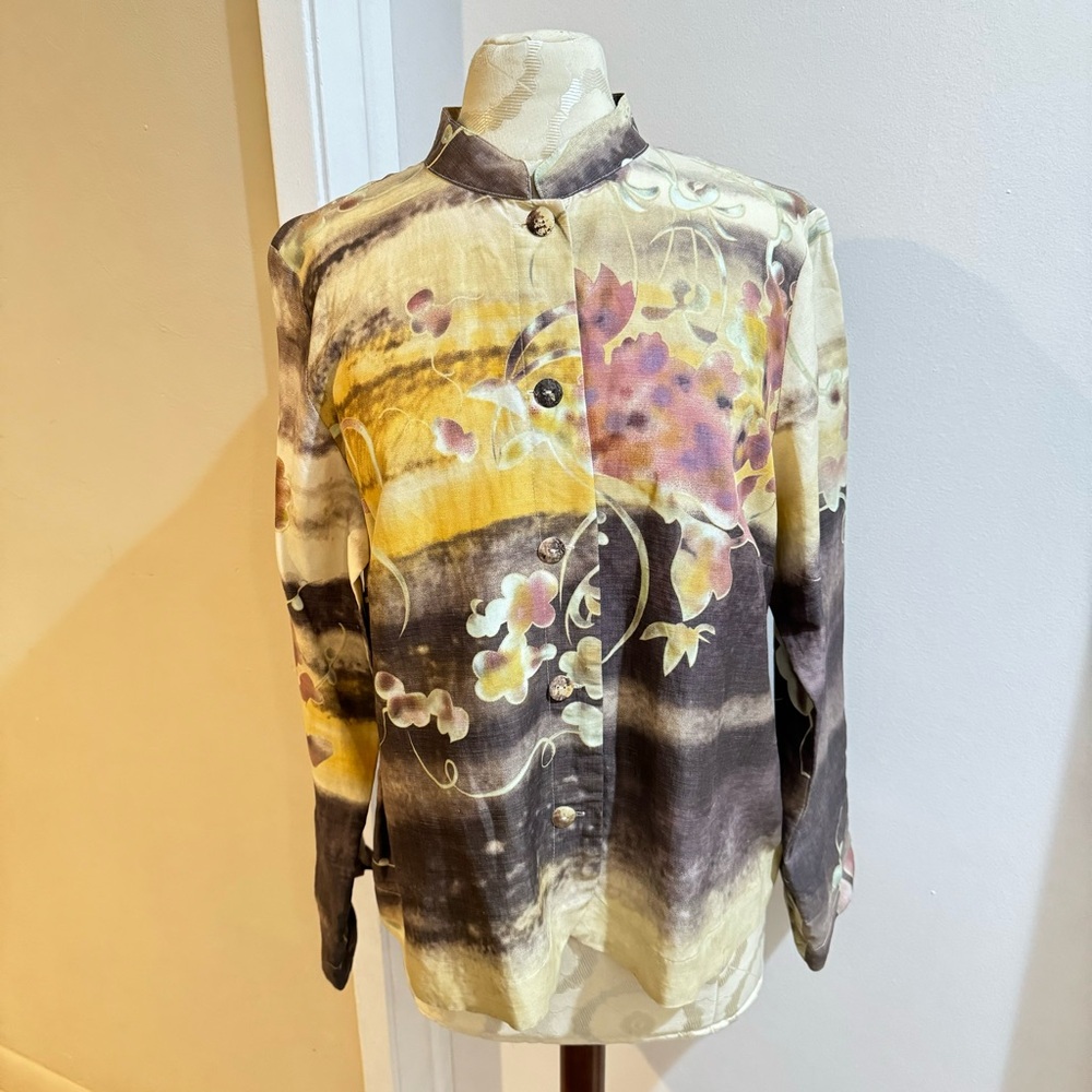 Citron Silk Linen Floral Abstract Mandarin Collar Mother Pearl Buttons Blouse L